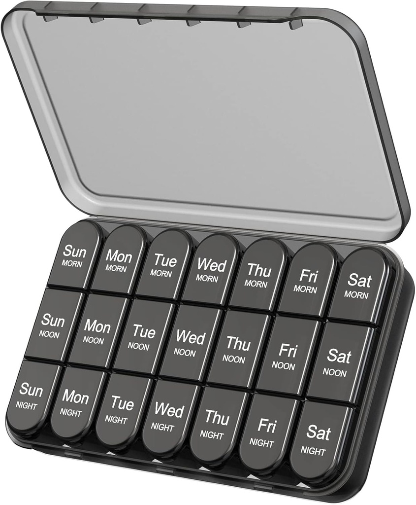 Daviky Pill Organizer 3X par jour, hebdomadaire Pill Box 7 jour, cas de pilule de voyage avec de grands contenants, cas de pilule léger pour les vitamines, médicaments, suppléments et huiles de poisson (noir)
