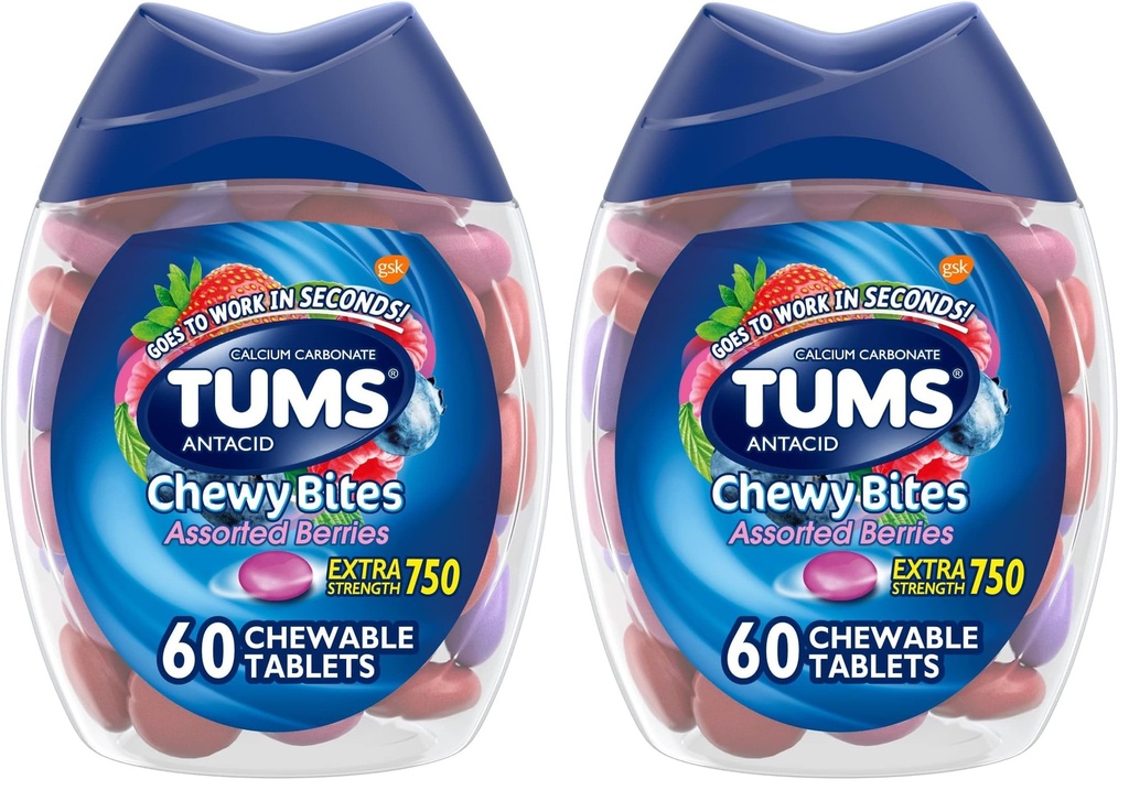 TUMS Chewy Bites Antacid Tablets für Kaubares Heartburn Relief und Säure Indigestion Relief, sortierte Beeren - 60 Count (Pack von 2)