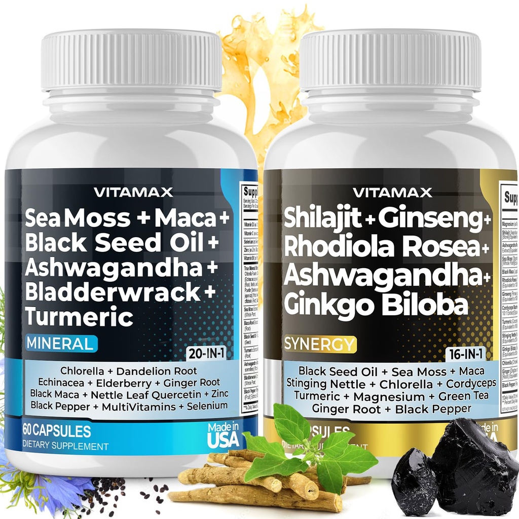 Vitamax Pure Himalayan Shilajit Supplement, Sea Moss, Ashwagandha, Bladderwrack, Gingko Biloba, Capsule Organici & Trace Mineral per - Non-GMO - Vegan - Uomini e Donne – Made in USA