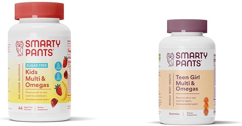SmartyPants Gommies multivitamine pour enfants, sans sucre: Omega 3 (ALA) et Gommies multivitamine pour adolescentes: Omega 3 Huile de poisson (EPA/DHA)