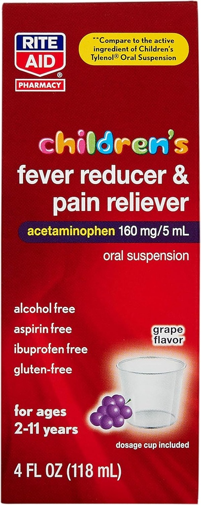 Rite Aid Kinder Acetaminophen, Grape Flavor, 160 mg - 4 fl oz | Pain Reliever und Fever Reducer | Kinder Kalte Medizin | für Alter 2-11 Jahre alt | Kinder Fever Reducer | Kids Pain Reliever
