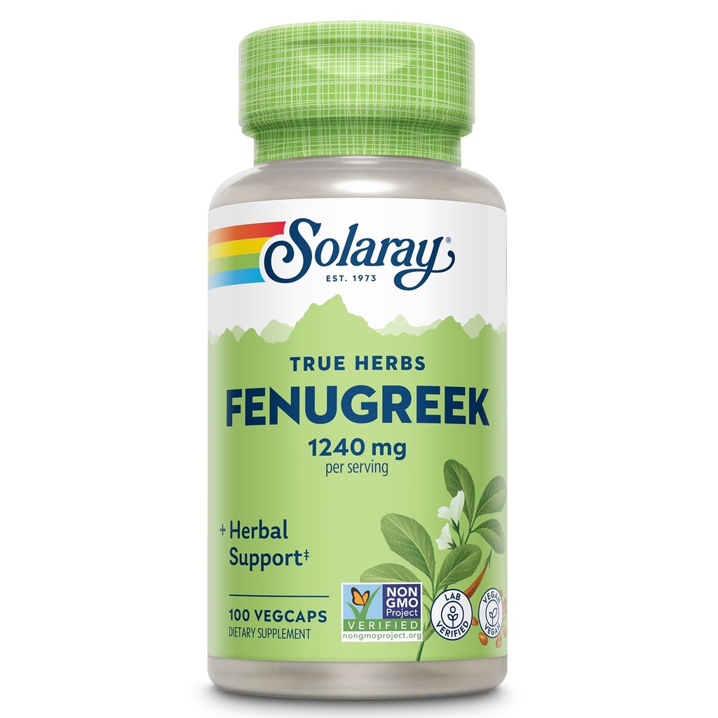 Solaray Fenugreek seed 1240 mg, Healthy Digestion Support and More, Vegan and Lab Verified for Quality, 50 portions, 100 VegCaps