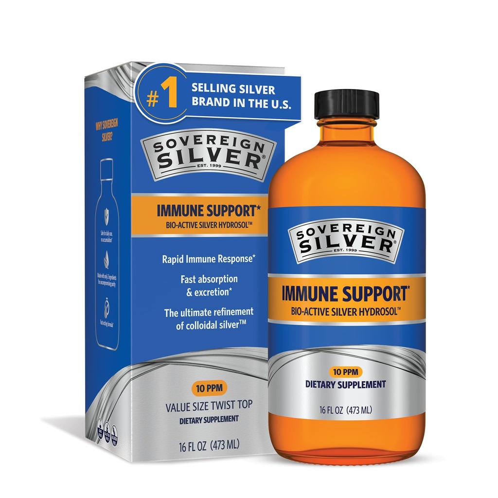 Sovereign Silver Immune Support - Kolloidal Silber, Bio-Active Silver Hydrosol, 10 ppm, Liquid Twist Top, 16 Fl Oz, (473 mL)