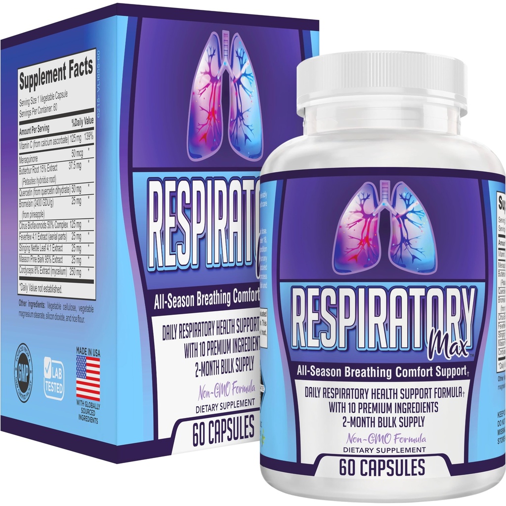 Integratore di salute respiratorio 10-in-1 Blend | 2-Month Bulk Supply | Integratori di supporto respiratorio, Vitamine & Erbe | Supporto nutrizionale del sistema respiratorio per polmoni forti | 60 capsule