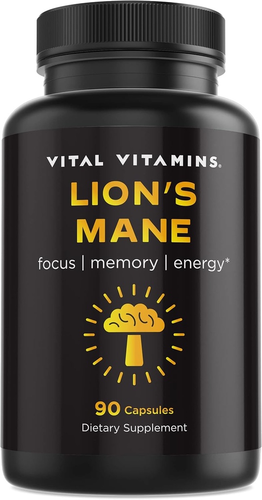 Vital Vitamins Lions Mane Supplemento Capsule - Brain Booster Supplemento per Clarity Mentale, Focus e supporto Memoria - Nootropic Mushroom Supplement con Tail e Maitake Turchia (90 caps)