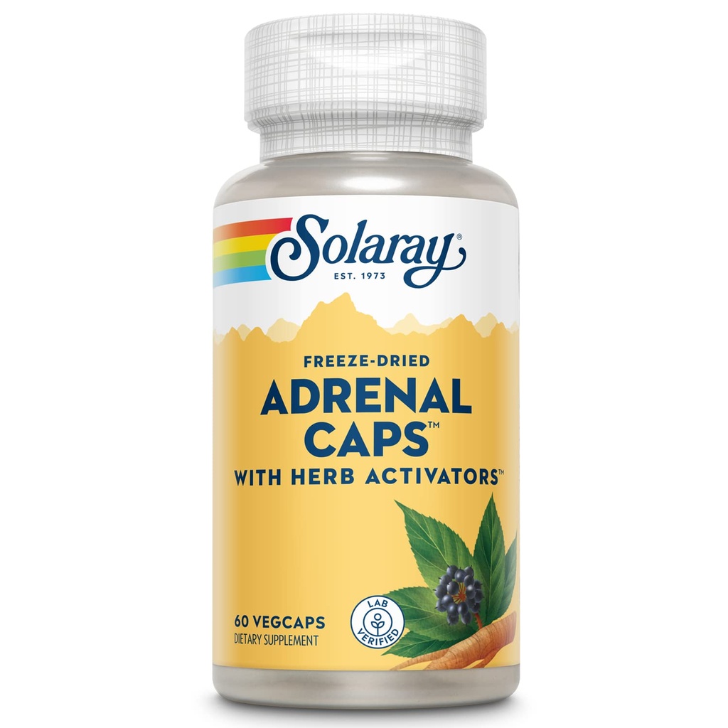 SOLARAY Adrenal Caps, Freeze-Dried - Wellness Support Cocktail surrenale con Herb Activators Eleuthero, Gotu Kola, Licorice e Clove - Lab Verified, 60-Day Guarantee - 30 Servings, 60 VegCaps