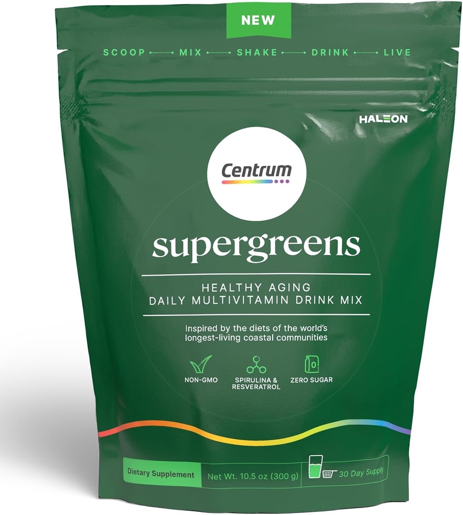 Centrum Supergreens - Superfood Powder & Multivitamin per adulti – Polvere verde con Spirulina, Fungo, Prebiotics & Enzyme Blend – alimentazione di 30 giorni