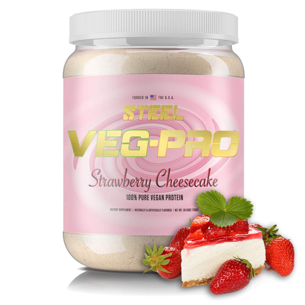 Integratori d'acciaio Veg-PRO | Vegan Protein Powder, Strawberry Cheesecake | 25 Serve (1.65lbs) | Polvere di proteine organiche con aminoacido BCAA | Gluten Free | Non Dairy | Formula di carb bassa