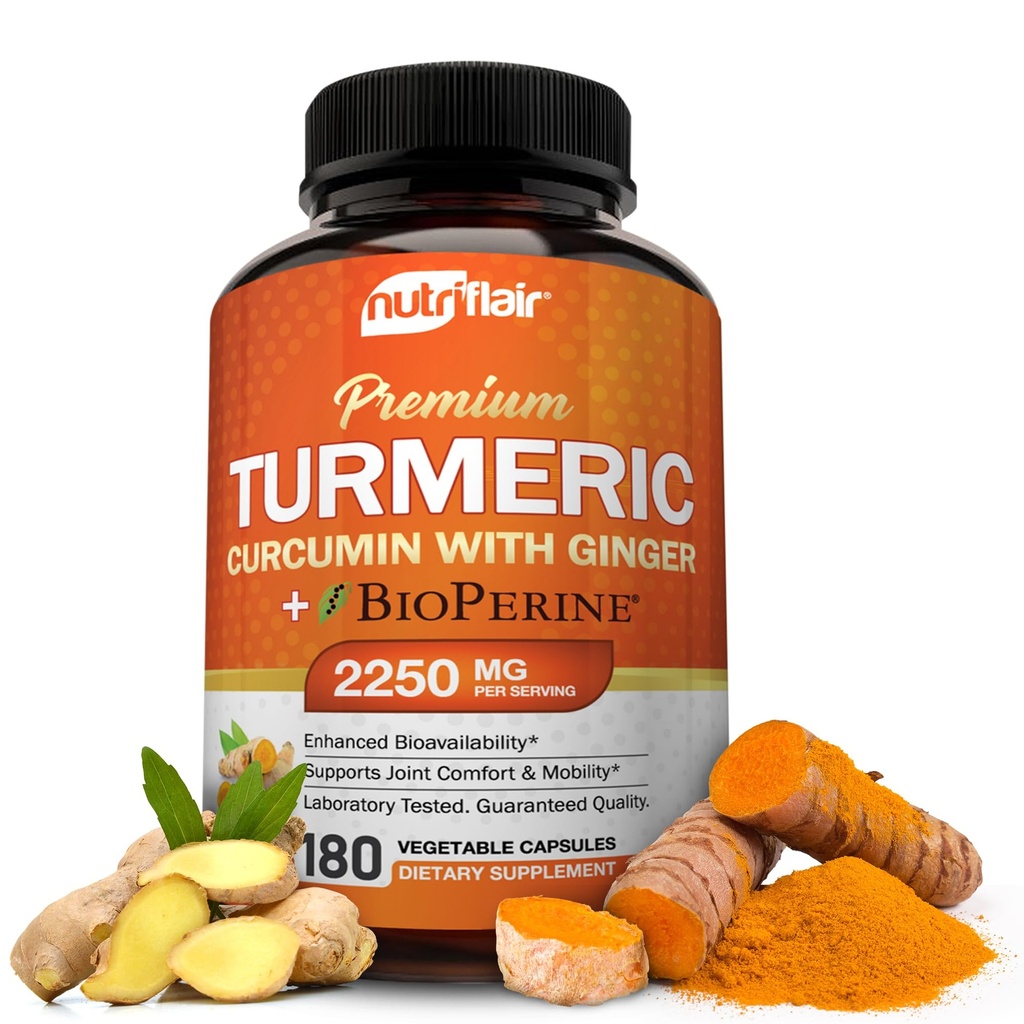NutriFlair Turmeric Curcumin mit Ginger und BioPerine Black Pepper Supplements, 180 Kapseln - 95% Curcuminoids - Joint Support, Antioxidant, Anti Aging - Natürlich, Non-GMO, Vegan Best Maximum Potency