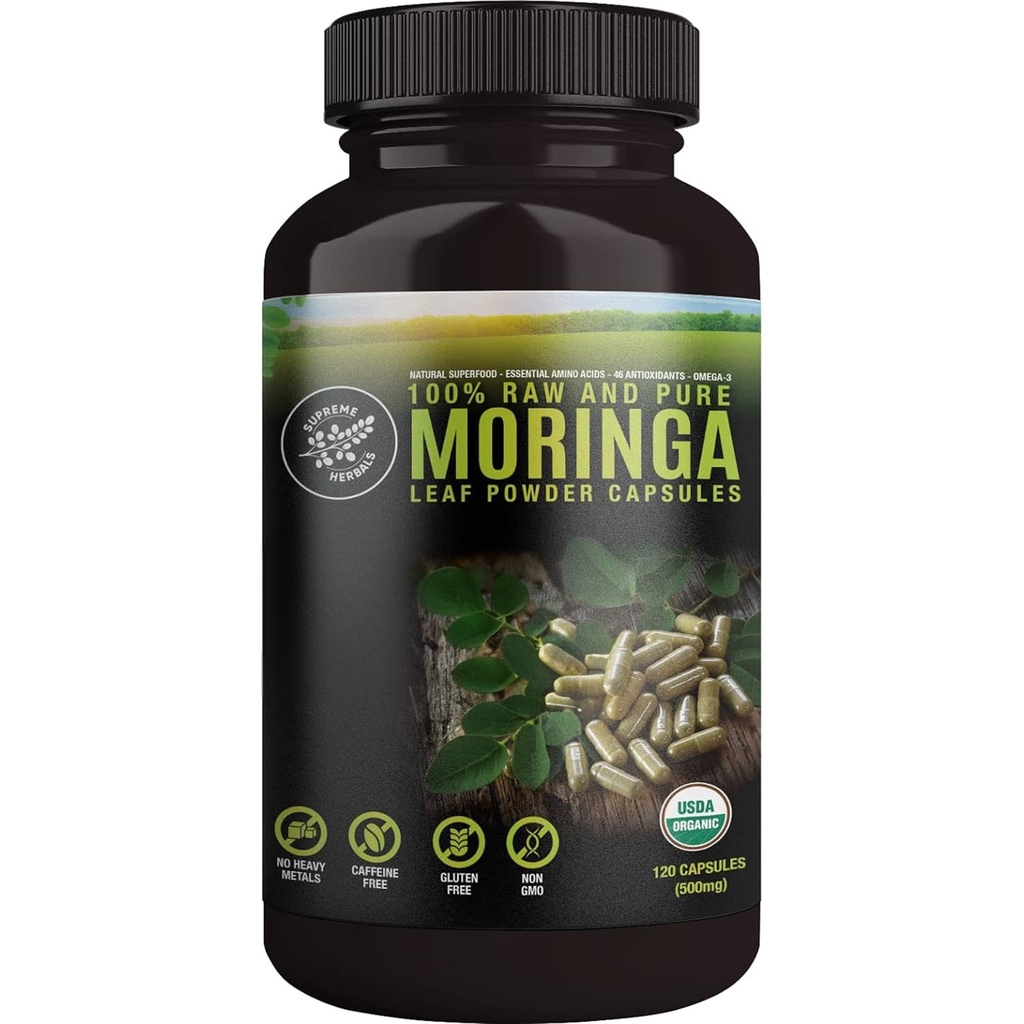 Estratto di polvere di chicco di caffè verde puro al 100%. Organic Certified Moringa Leaf. Superfood naturale con aminoacidi essenziali, antiossidanti e Omega 3, 500mg, 120 capsule.