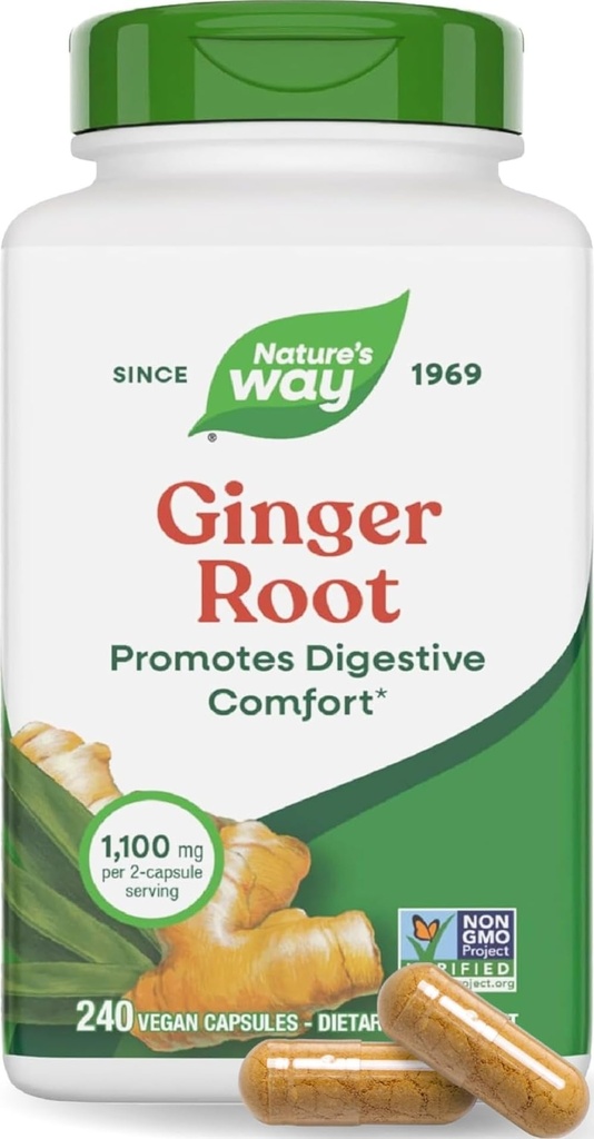 Nature's Way Ginger Root Capsules 550 mg par capsule, Digestive Comfort* Réduit les nausées liées au mouvement*, 1 100 mg par 2 capsules, Projet non OGM vérifié, Vegan, 240 Nombre (Paquetage May Vary)