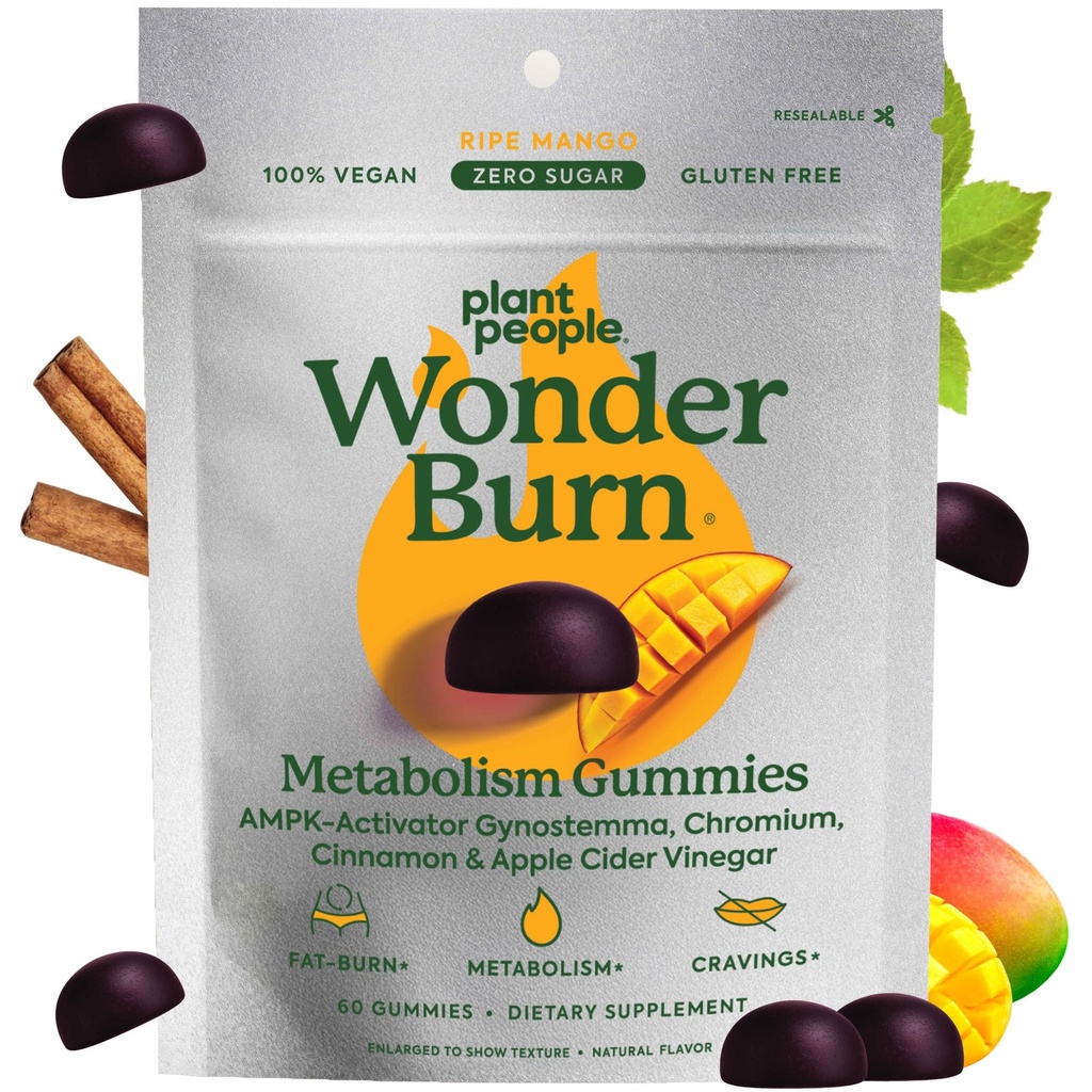 Plant People WonderBurn Métabolisme & Cravates Contrôle Gummies, Zéro sucre, Ripe Mango Flavor (60 comte)