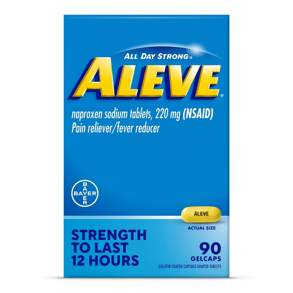 Aleve Pain Reliever & Fever Reducer Gelcaps, Naproxen Sodium, Kopfschmerzen und Rücken und Körper Schmerzen Relief Medizin, für Erwachsene und Kinder Alter 12 und Up, 90 Count