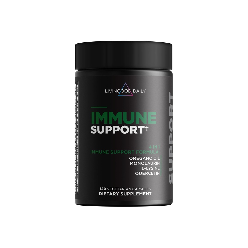 Integratore giornaliero di supporto Immune Livingood, Formula 4-in-1 con olio di origano, Monolaurin, L Lysine & Quercetin, Gut & Digestive Health, Gluten Free, Vegan, Non OGM, Allergen Free, 120 Capsule
