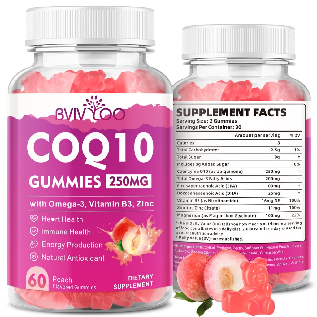 Zucchero-Free CoQ10 Gummies 250mg, Plus Omega-3, Vitamina B3 & Zinc, Magnesio - Alto assorbimento Coenzima Q10 Integratori per la salute del cuore, energia cellulare, & supporto antiossidante, 60 Conte