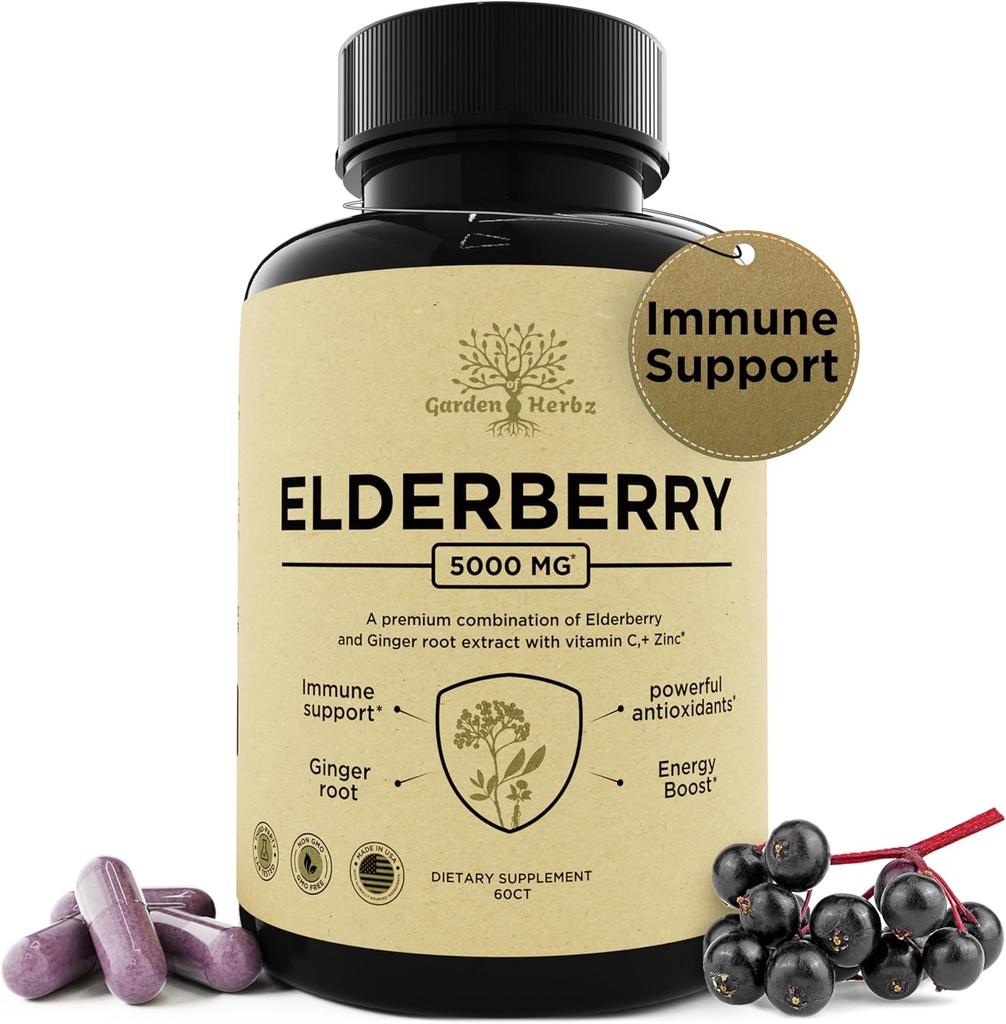 Elderberry mit Vitamin C, Zink, & Ginger – Potent Immun Booster 5000 Mg Elderberry, Zink, & Vitamin C – Non-GMO Immunität Vitamine für Erwachsene, um Ihnen zu helfen, Vibrant, 60 Caps zu fühlen.