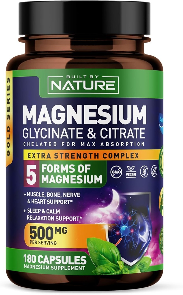 Magnesium Complex 500mg - 5 Formen von Magnesium Glycinat, Citrat, Malat, Oxid & Aquamin mit 72 Spurenmineralien - zur Absorption verkapselt - Ergänzung für Muskel, Nerve, Herz & Schlaf (180 Kapseln)