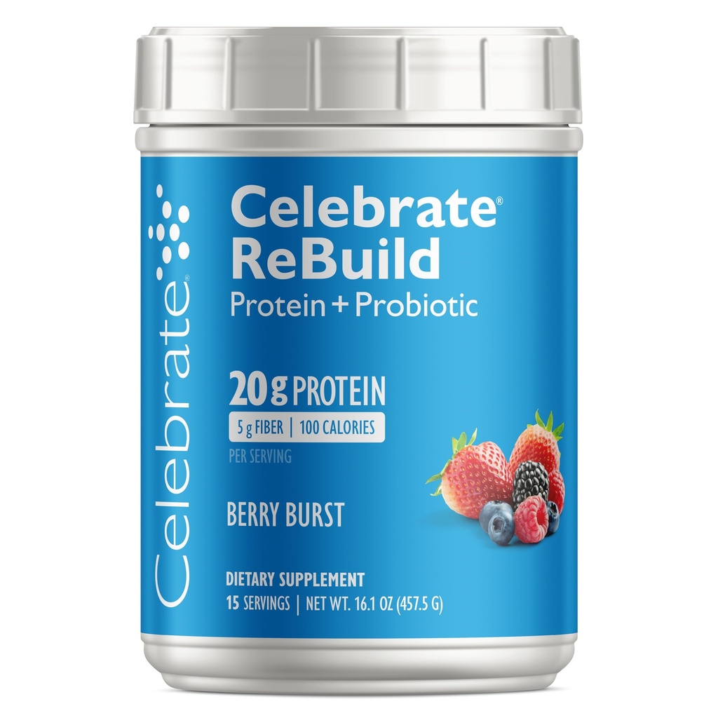 Célébrez les vitamines Reconstruire la poudre de protéines avec des probiotiques et des prébiotiques - 20g de protéines isolées de lactosérum, haute fibre, pour les patients de chirurgie bariatrique - Berry Burst (15 portions)