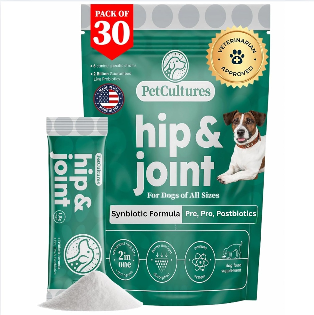 PetCultures Hip & Joint TriBiotic Powder, ein Nahrungsergänzungsmittel zur Unterstützung der Hundemobilität mit probiotischen, präbiotischen und postbiotischen Plus Glucosamin & Chondroitin - Made in USA