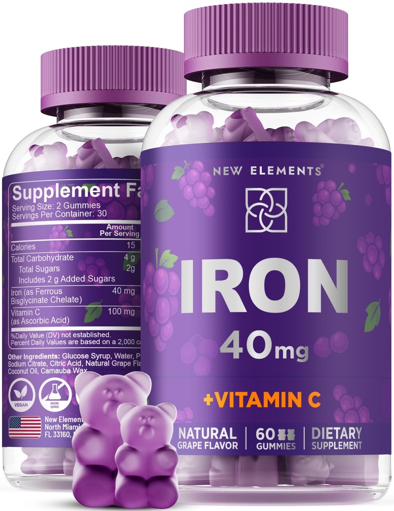 Gommies de fer 40mg avec vitamine C 100mg – Meilleur supplément de fer pour les femmes, les hommes et les adultes – Constructeur de sang gratuit pour l'anémie – Immune Support & Energy Booster