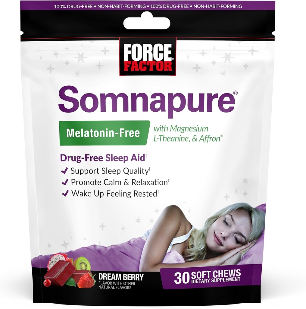 Force Factor Somnapure Melatonin-Free Soft Chews, Schlafhilfe zur Verbesserung der Schlafqualität, Schlafhilfen für Erwachsene mit Affron, Magnesium, L-Theanin, Kamille, Lemon Balm, Traumbeeren Flavor, 30 Soft Chews
