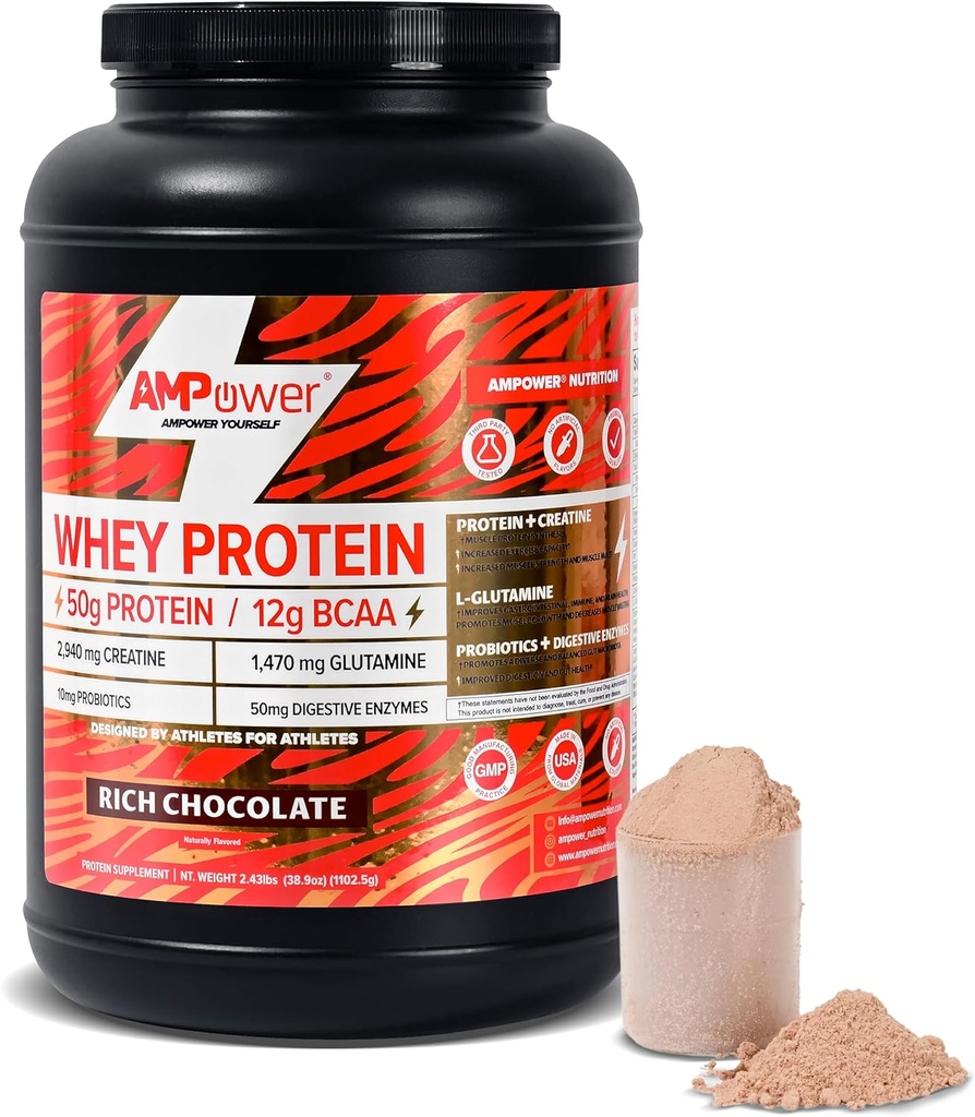 Polvere proteica del siero di cioccolato | Stack muscolare ottimale di progettazione scientifica, Gut, Cervello, Immune | Protein, BCAA, Creatina, L-Glutamina, Probiotici, Enzimi digestivi | Cioccolato ricco, 38.9oz