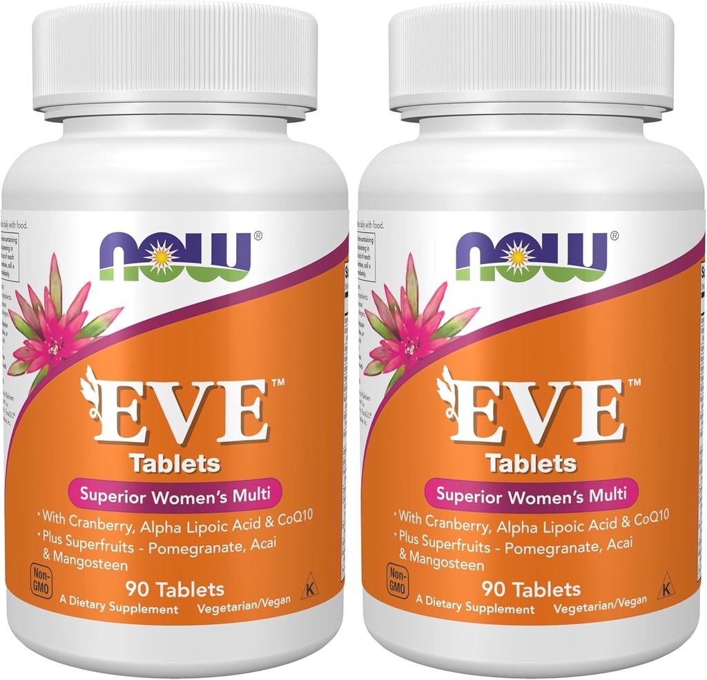 NOW Integratori, EveTM Multivitamina femminile con mirtillo, acido lipoico alfa e coQ10, Plus Superfruits - Melograno, Acai & Mangosteen, 90 compresse (Pack of 2)