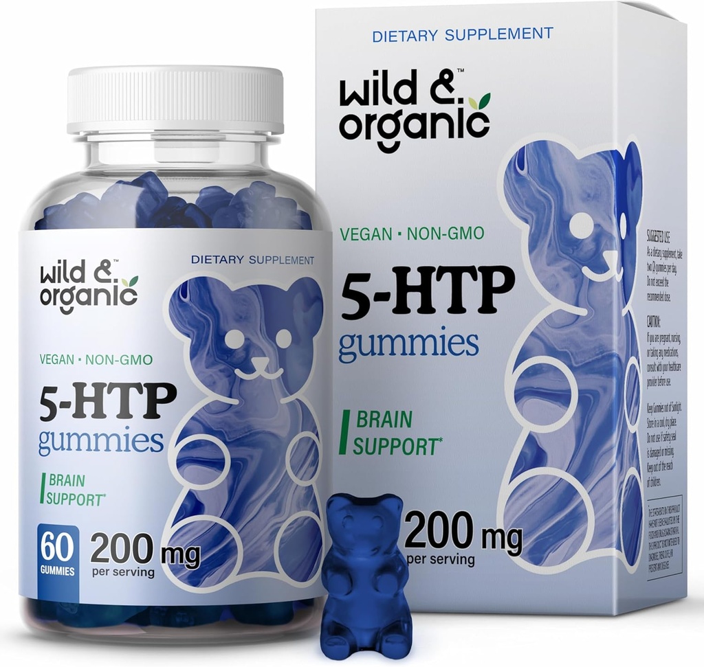 Wild & Organic 5-HTP 200mg Mood Gummies - L-Tryptophane pour la relaxation et le calme naturel - 5 HTP Supplément pour le soutien du cerveau - 60 Végétaux, non-OGM 5HTP Gummies