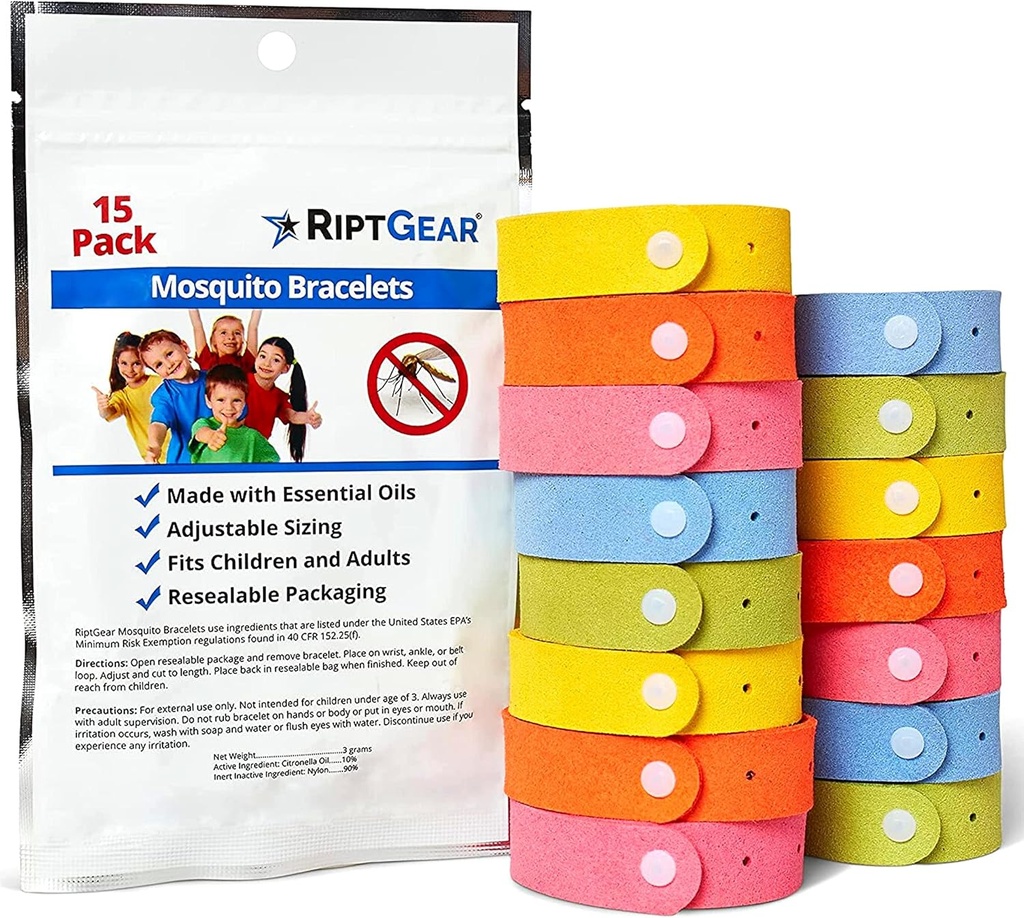 RiptGear Moskito Armbänder - 15 Packung Moskito Armbänder für Kinder und Erwachsene, Insektenarmband, Citronella Armband - DEET Free Moskito Armbänder, Camping Zubehör