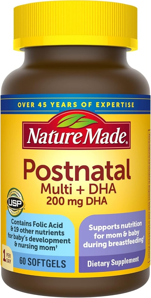 Naturgemachte postnatale Multivitamin + DHA 200 mg, 60 Softgels, um pflegende Mütter & Babys während der Stillzeit, postnatale Vitamine & Nährstoffe enthalten Eisen, Vitamin D3, Calcium, Iodin