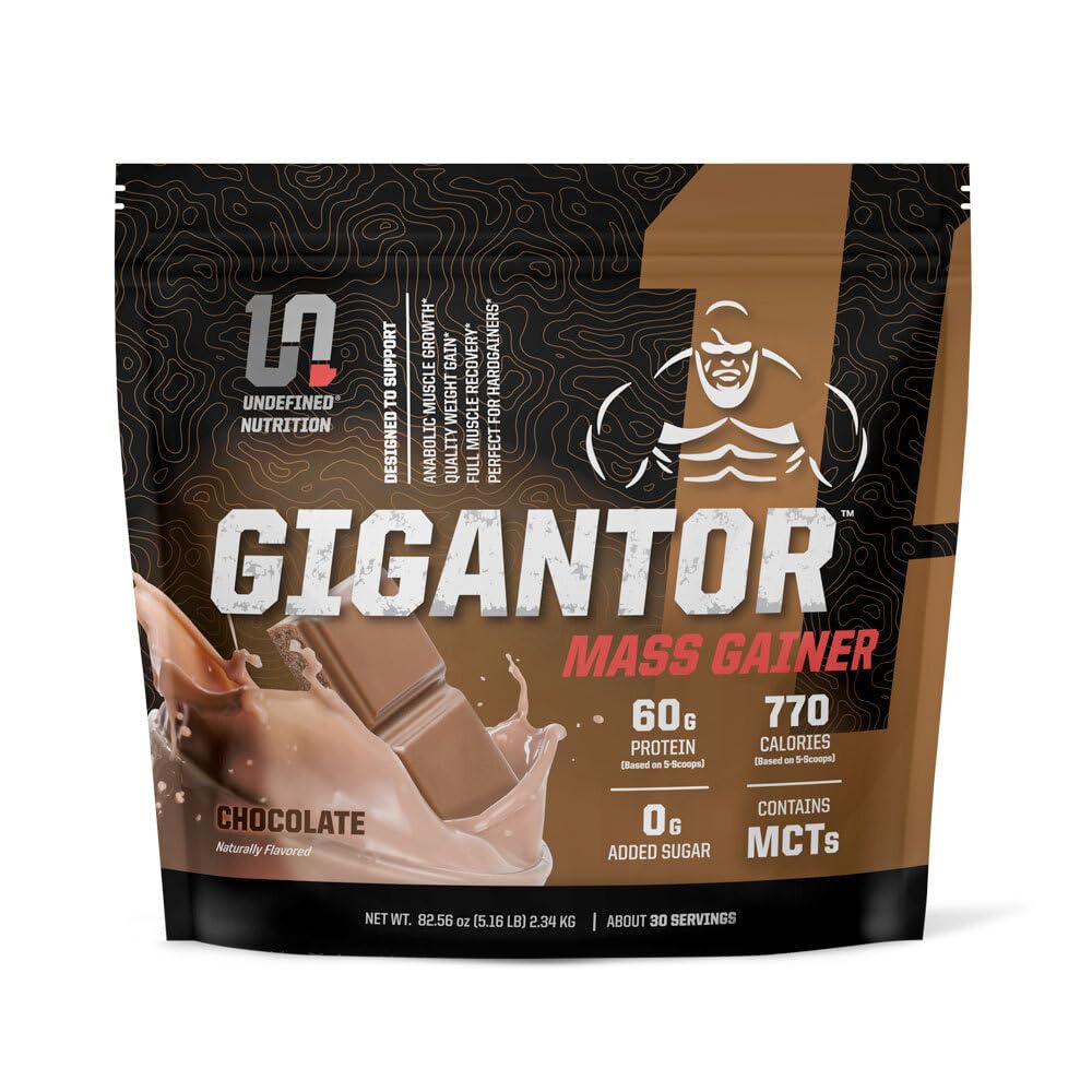 Undefinierte Ernährung Gigantor Masse Gainer von Brian Shaw (60g Protein, 30 Portionen, bis zu 790 Qualitätskalorien) – Hardcore Hard Gainer Formula mit 5-Phase Protein Blend (5,16 lbs, Chocolate)