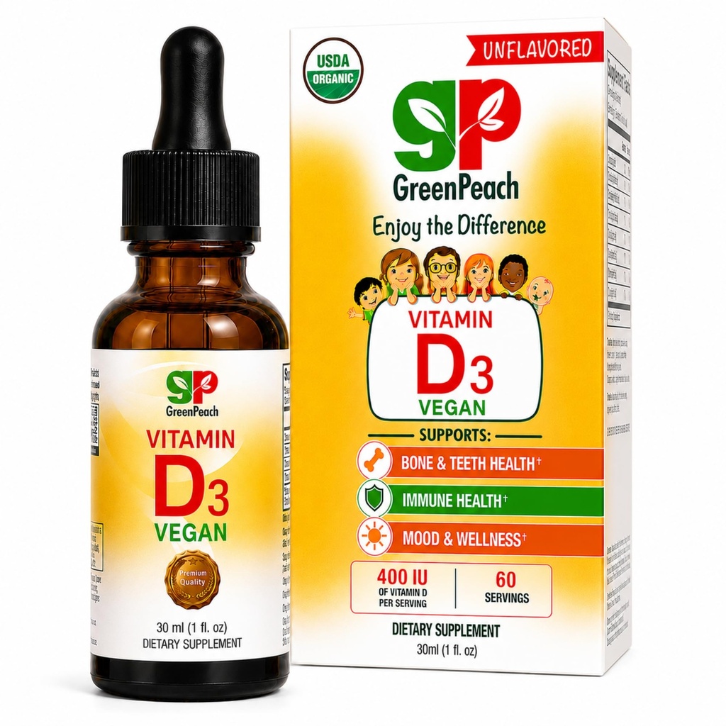 GreenPeach Liquid Vegan Bio Vitamin D 400 bis 1600 IU - D3 Tropfen für Kleinkind, Kinder, Baby &amp; Kleinkinder, Vitamin D Baby Drops, Natürlich, 60 Servietten