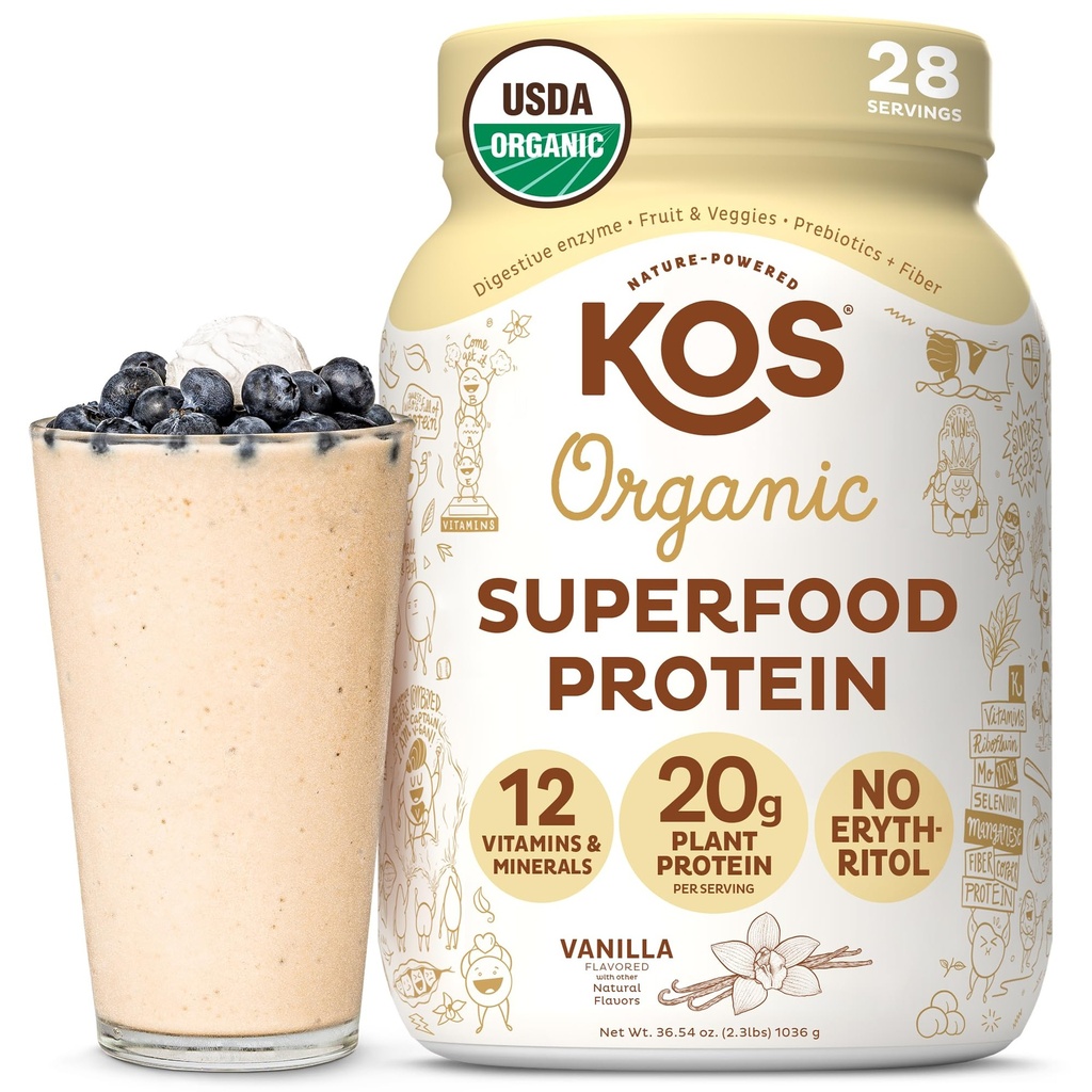 KOS Vegan Protein Powder Erythritol Free, Vanilla USDA Organic - Pea Protein Blend, base végétale Superfood riche en vitamines et minéraux - Keto, sans lait - substitut de repas pour les femmes et les hommes, 28 portions