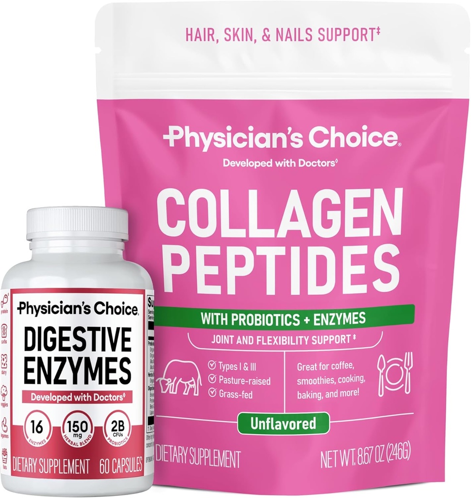 CHOICE del medico - Full Gut Health Bundle: Peptidi di collagene polvere + enzimi digestivi 60ct per il comfort digestivo, recupero di allenamento, & pelle, unghie e supporto misto