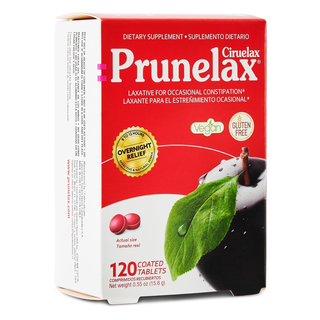 Prunelax Ciruelax Regular Strength Laxative Mini Comprimés - Relief de nuit pour Constipation occasionnelle, Extrait de Senna, Vegan & sans gluten, Relief doux - 120ct