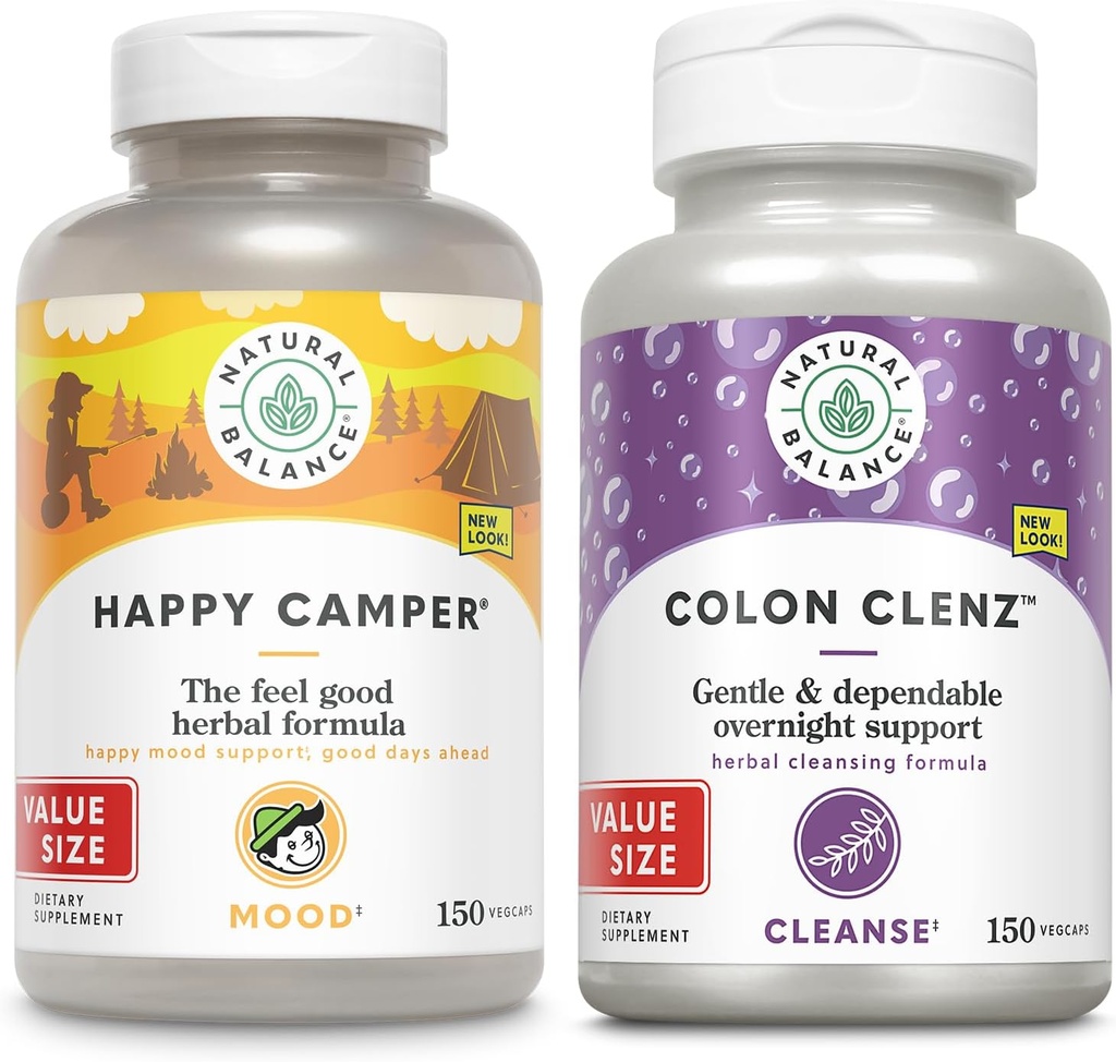 Natural Balance Happy Camper und Colon Clenz Bundle - Feel-Good Mood Support Plus Kräuter Colon Cleanse und Detox - 60-Day Garantie - 75/150 Servierungen, 150/150 VegCaps