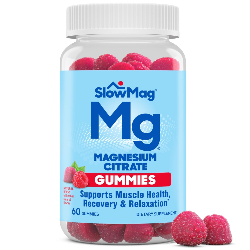 SlowMag Magnesium Citrate Gummies - Supporta la salute del muscolo, il recupero e il rilassamento, il sapore naturale della bacchetta, 60 conte
