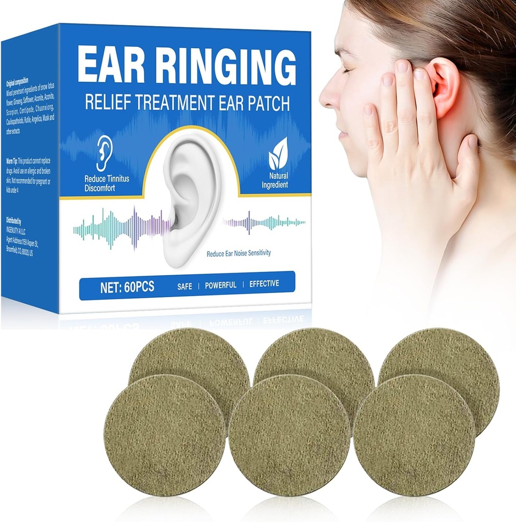 Acouphène Relief pour les oreilles, 60 PCS Acouphènes Trêatment Patches, Réduit efficacement les sonneries d'oreille et le bruit d'oreille, Acouphènes avec des ingrédients naturels, Améliore le malaise de l'oreille