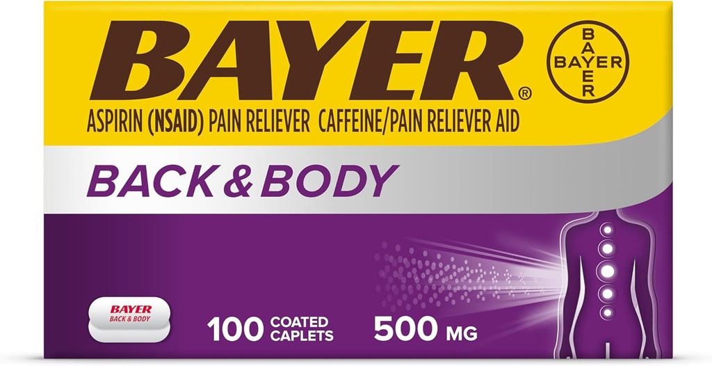 Bayer Back & Body Extra Forza Aspirina, 500mg compresse rivestite, Rilievo veloce al sito di dolore, Dolore con 32,5mg di caffeina, 100 Conte