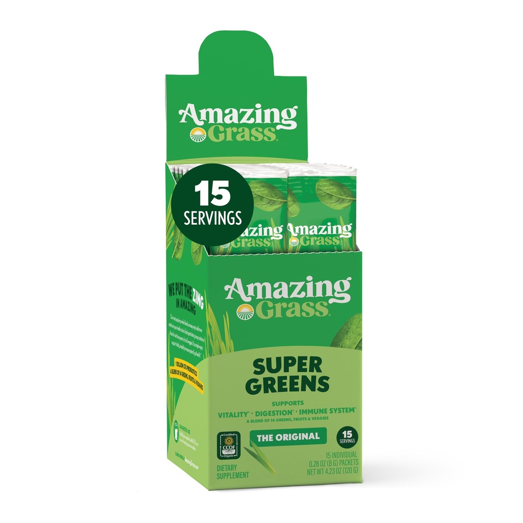 Erstaunliche GrasgrÃ1⁄4nen Mischung Superfood: Super Greens Powder Smoothie Mix mit Spirulina, Chlorella, Beet Root Powder, Verdauungsenzyme, Prebiotics & Probiotics, Original, 15 Portionen (Packaging May Vary)
