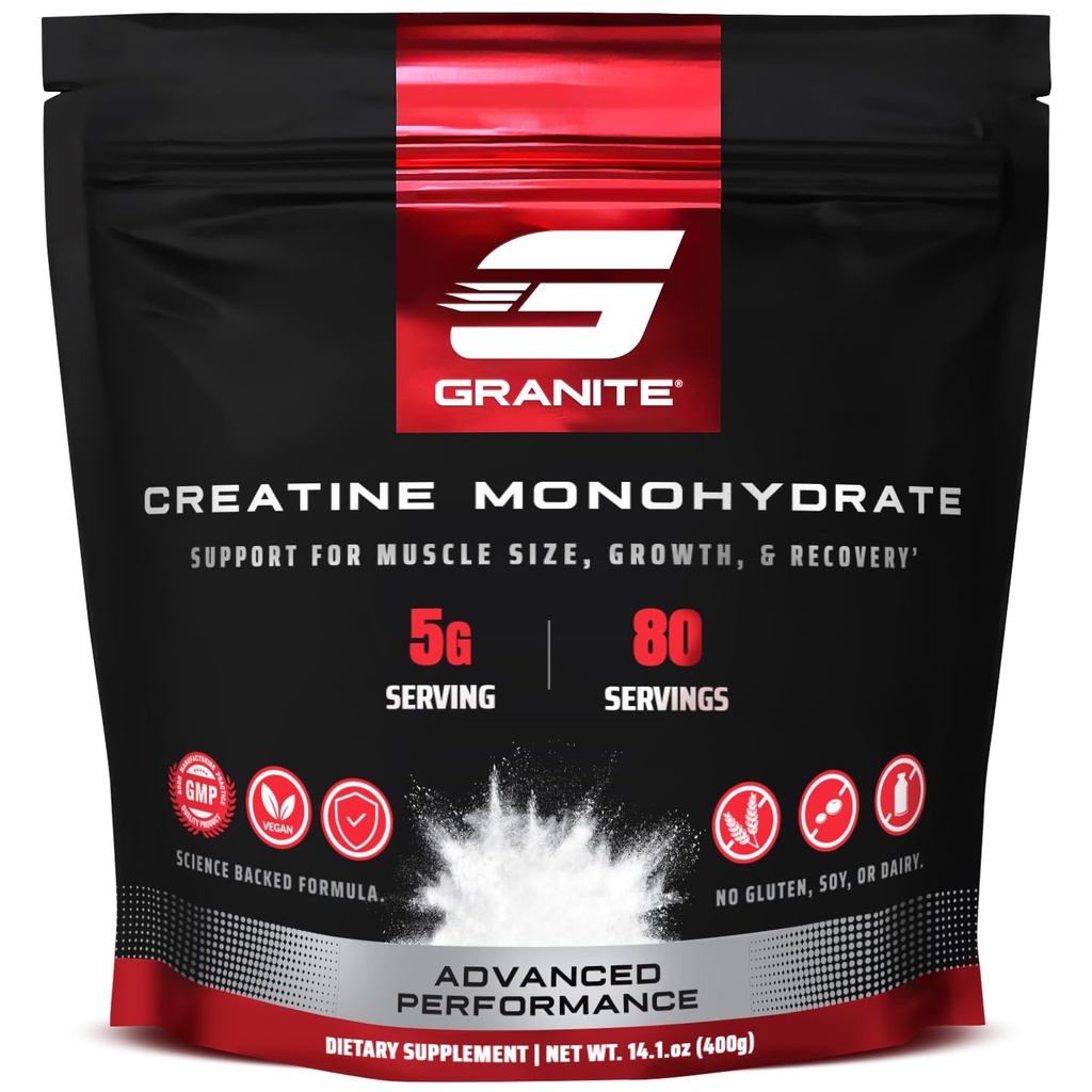 Granit Creatine Monohydrate, unterstützt Stärke, Ausdauer, & Muskel-Recovery, Kreatin für Männer & Frauen, Soja-Free, Dairy-Free, Gluten-Free (80 Portionen)