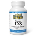 Facteurs naturels, vitamine D3, 5 000 UI, soutient la santé articulaire, osseuse et immunitaire, 240 Nombre (paquet de 1)