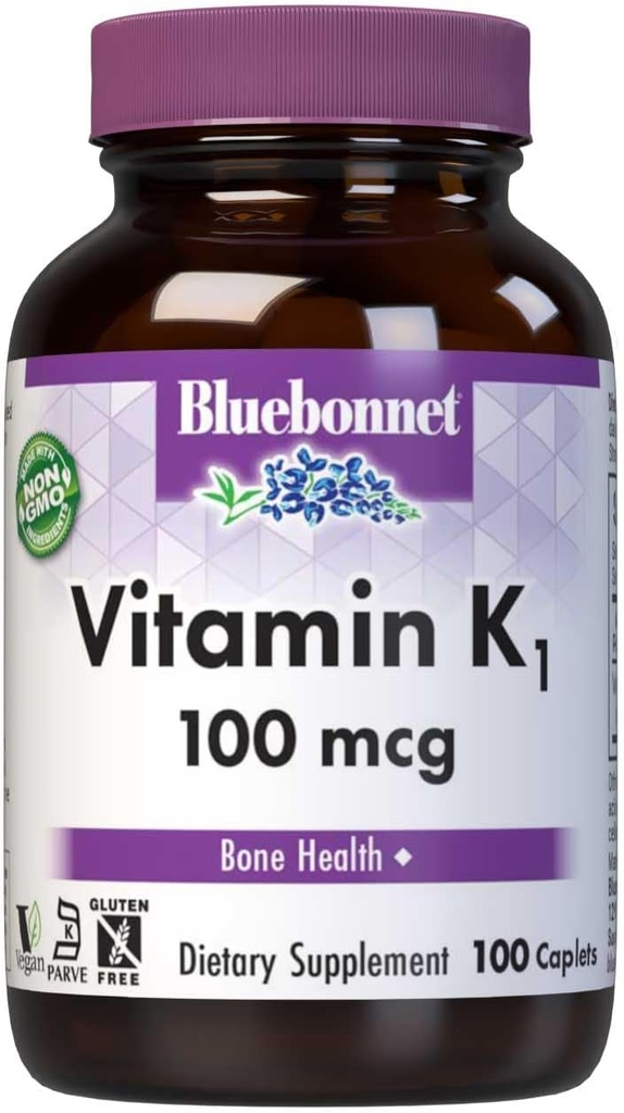 Bluebonnet Vitamin K1 100 mcg unterstützt Knochengesundheit - Phyllochinon Crystalline Vitamin K Supplement - Non-GMO, Kosher Zertifiziert, Glutenfrei, Dairy-frei - 100 Vegan Caplets
