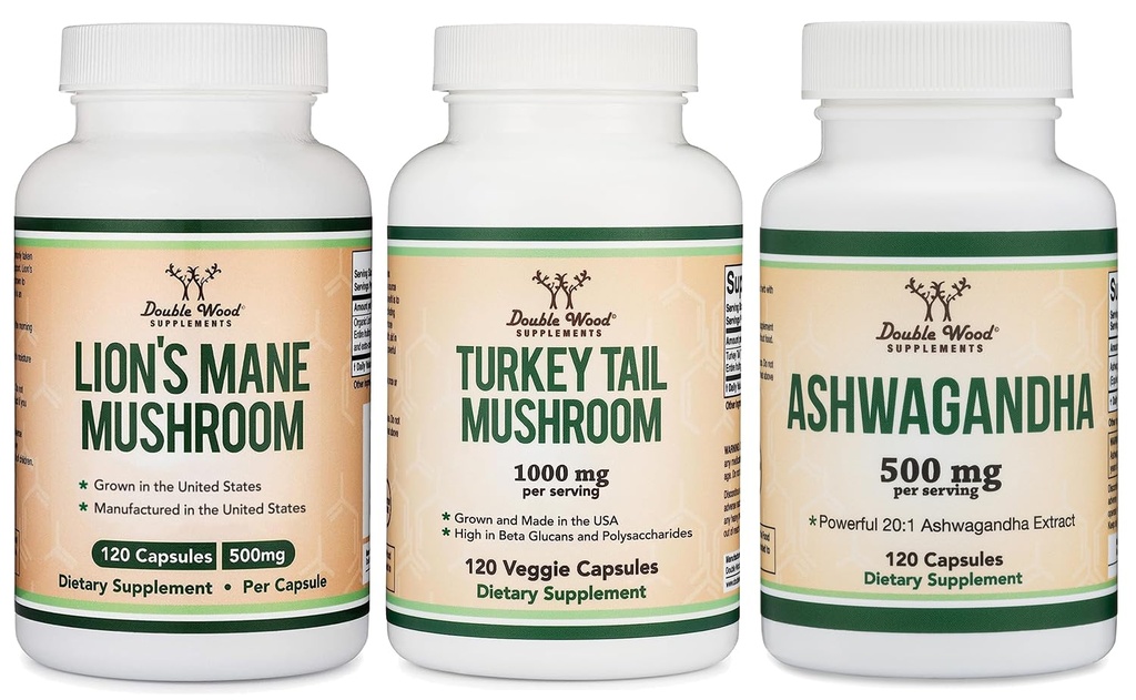 Doppio legno Supplementi Lion's Mane Mushroom 120 Conte, Turchia Tail 120 Conte, Ashwagandha 120 Conte