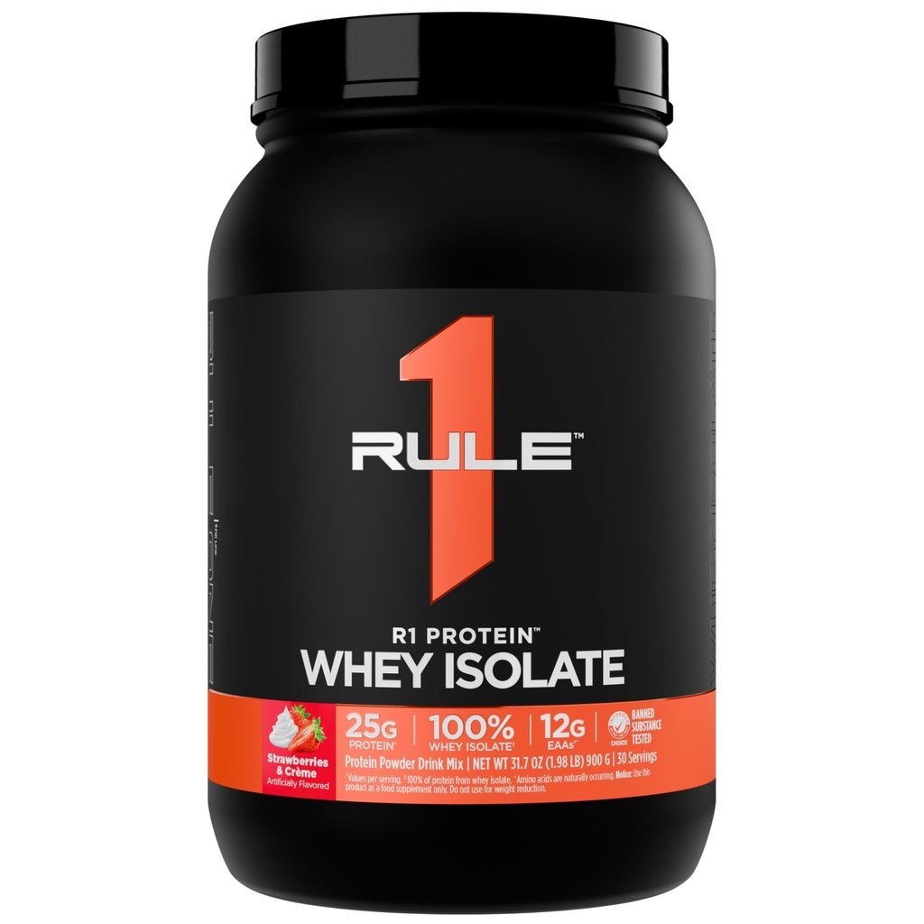 Regel 1 R1 Protein Whey Isolate - mit 25g Protein & 6g BCAA Exklusiv aus isolierten und hydrolysierten Quellen für Workout Recovery (2 Pfund*, Erdbeeren & Crème)