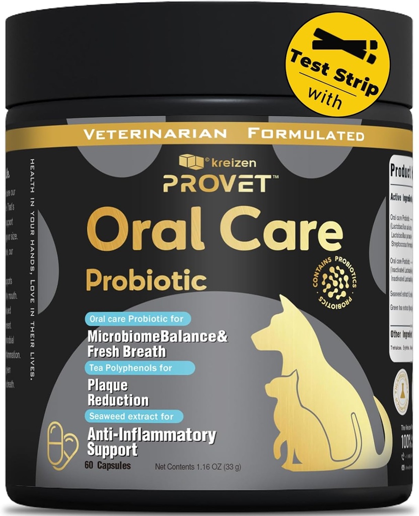 Oral Probiotic for Dogs – Advanced Dental Health Supplement mit Probiotics, Seaweed Green Tea Extract – unterstützt Zahnfleisch Gesundheit, reduziert Plaque & Bad Breath – 60 Kapseln und 2 Periodontal Teststreifen