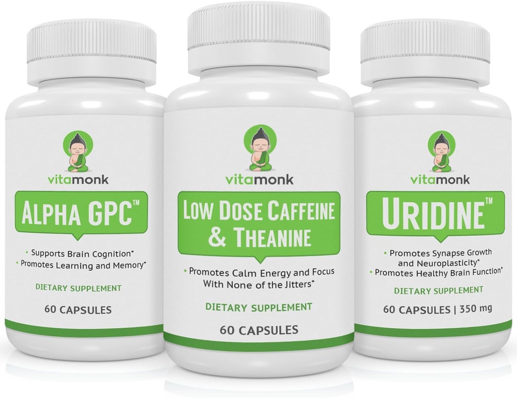 VitaMonk Brain Boost Bundle - Alpha GPC, Uridin und Low Dose Caffeine + L-Theanine Duo