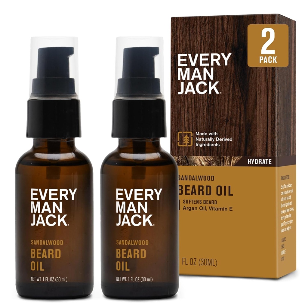 Ogni uomo Jack Sandalwood Beard olio - idratare e ammorbidire il vostro Beard - Alleviare Itch e Flakes - Fatto w/Naturally Derived ingredienti come vitamina E, olio di Argan e olio di borragine - 1 oz - 2 Pack