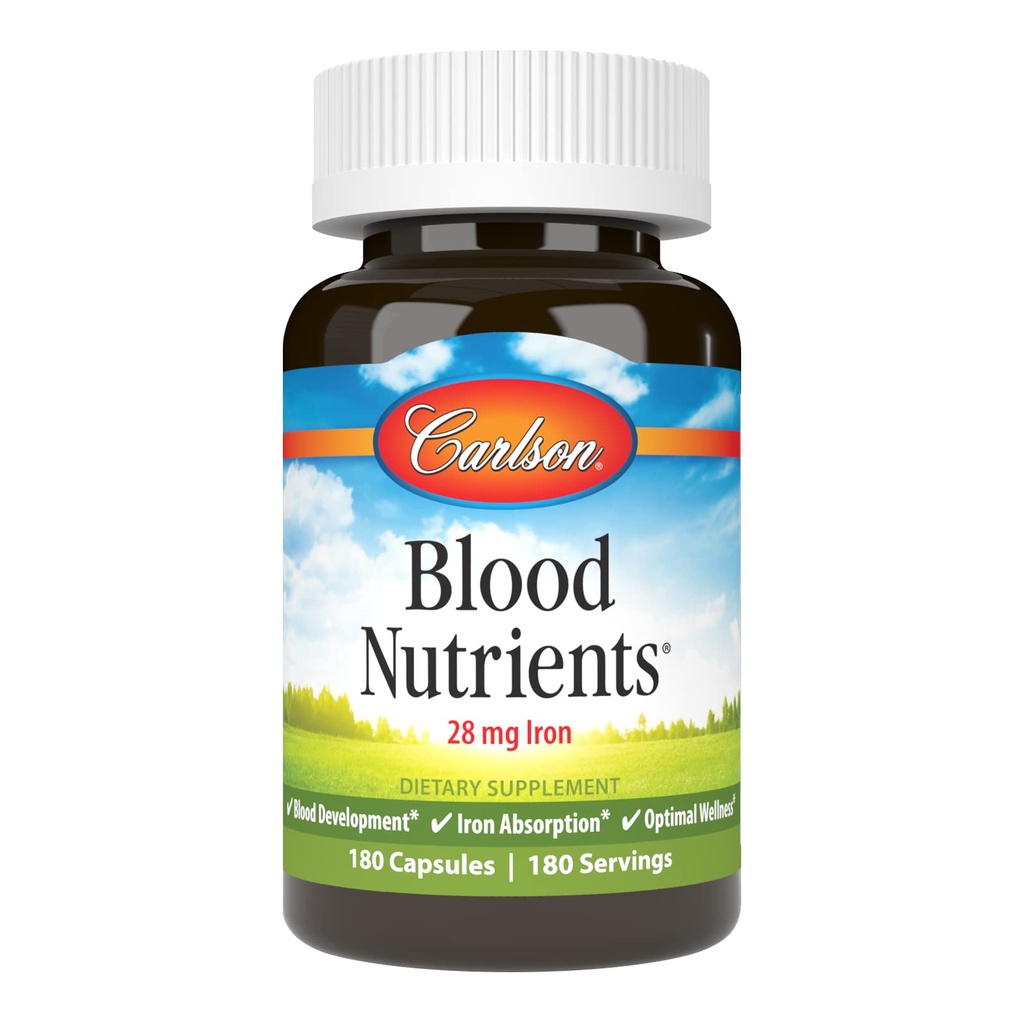 Carlson - Blood Nutrients, 28 mg Iron, Blood Development, Iron Absorption & Optimal Wellness, 180 Capsules