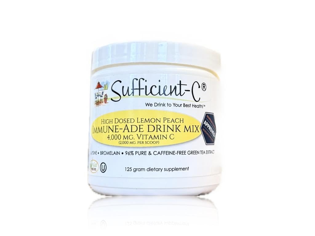 Suffisamment-C haute dose non-OGM vitamine C citron Peach Immune-Ade boisson mélange, pratique 125 Gram taille w/L-lysine, Bromelain & un Premium 96% extrait de thé vert pur - ventre amical, support adrénal